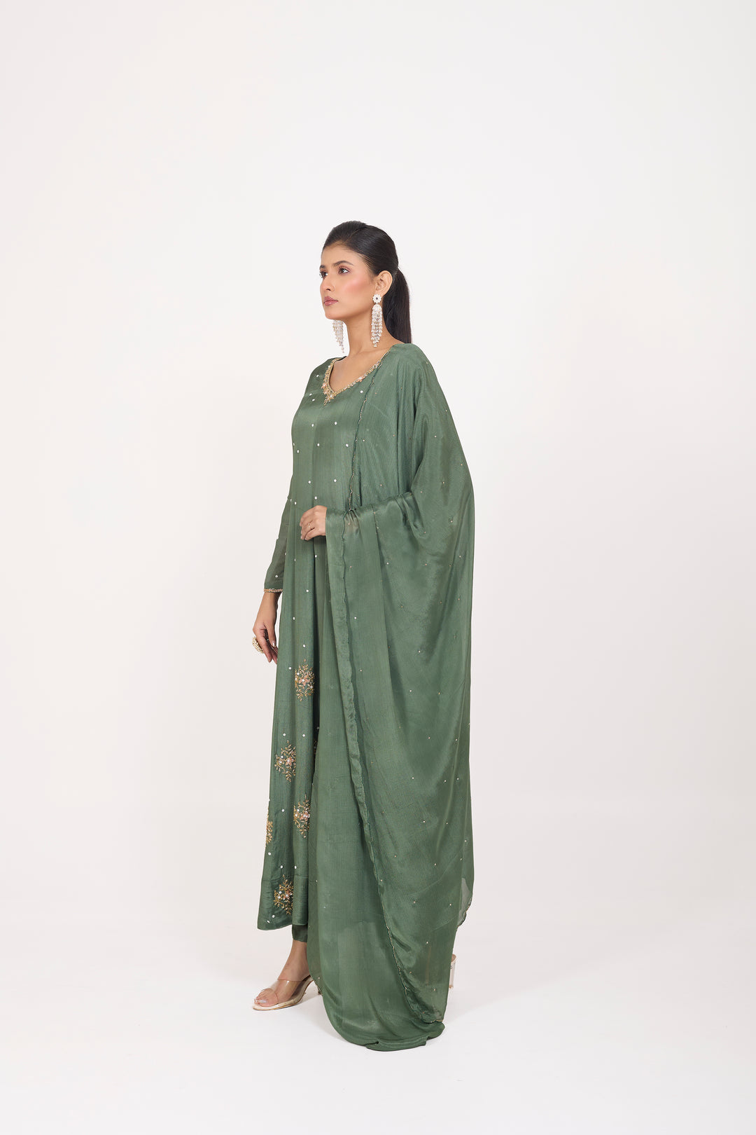 Party Wear Suit Set - Hand Embroidered - Set of 3 - Metallic Green