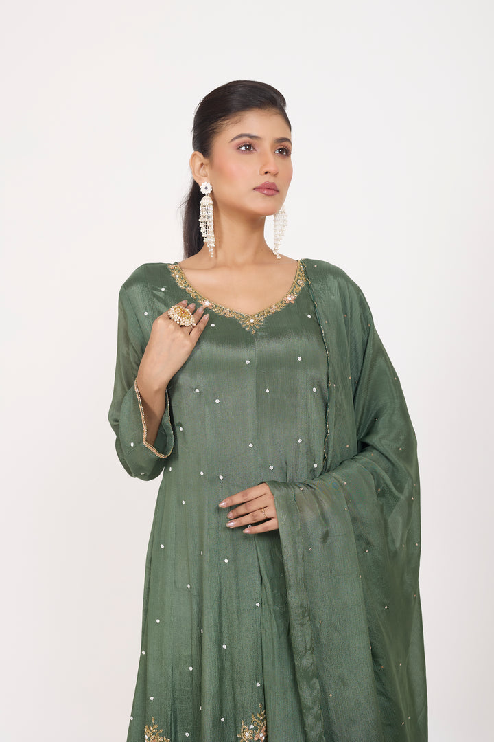 Party Wear Suit Set - Hand Embroidered - Set of 3 - Metallic Green
