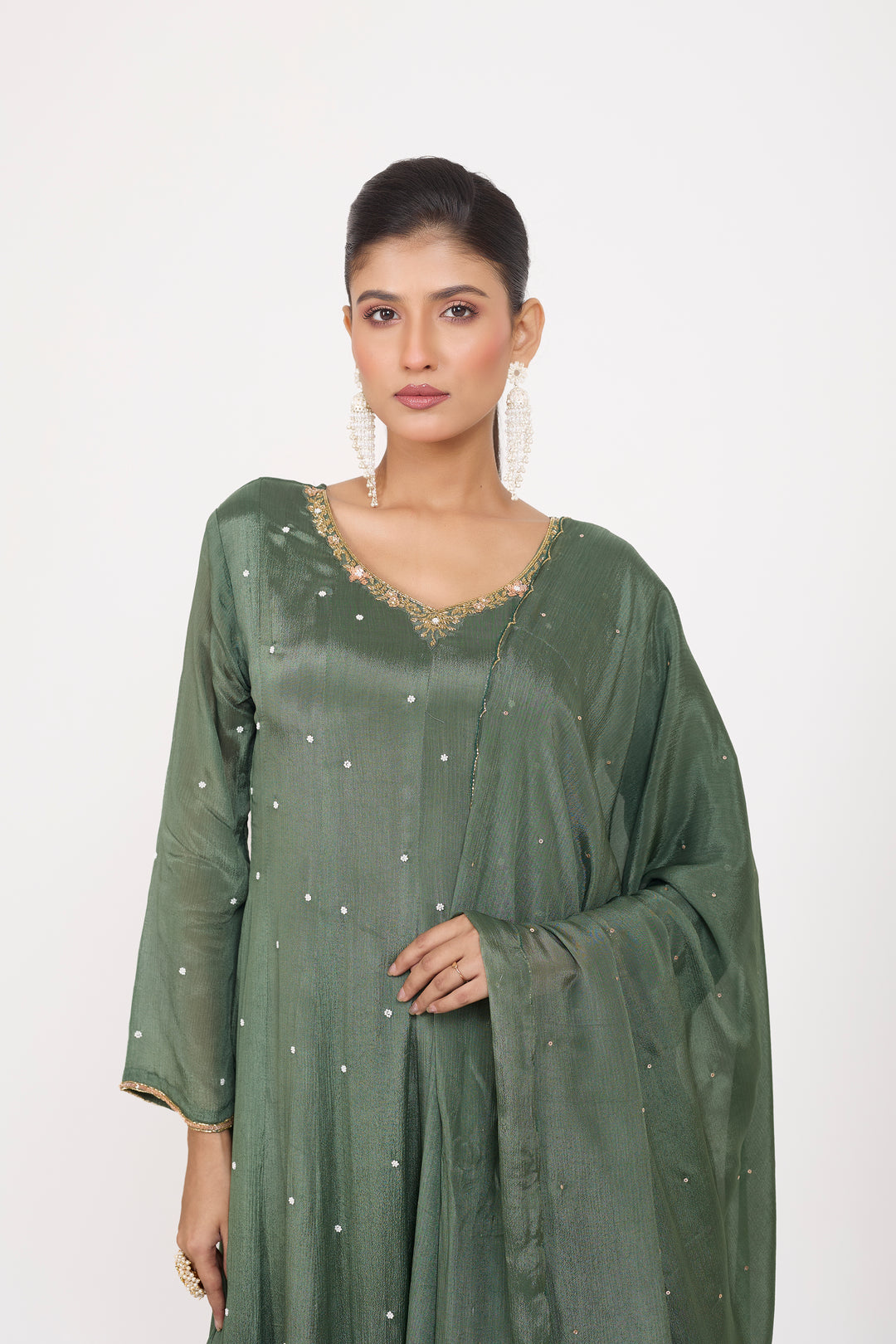 Party Wear Suit Set - Hand Embroidered - Set of 3 - Metallic Green
