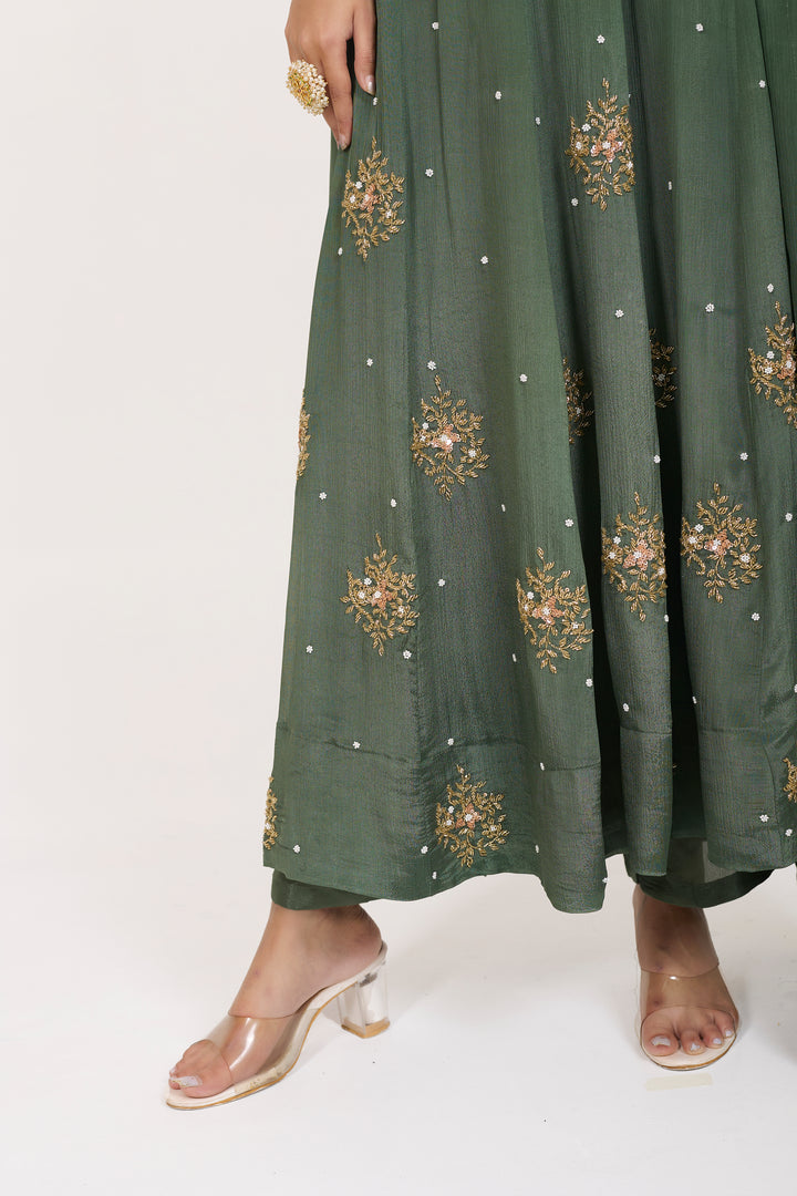 Party Wear Suit Set - Hand Embroidered - Set of 3 - Metallic Green