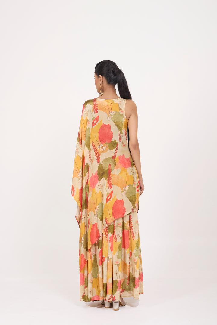 Printed Indo-Western Dress - Hand Embroidered - Set of 2 - Beige