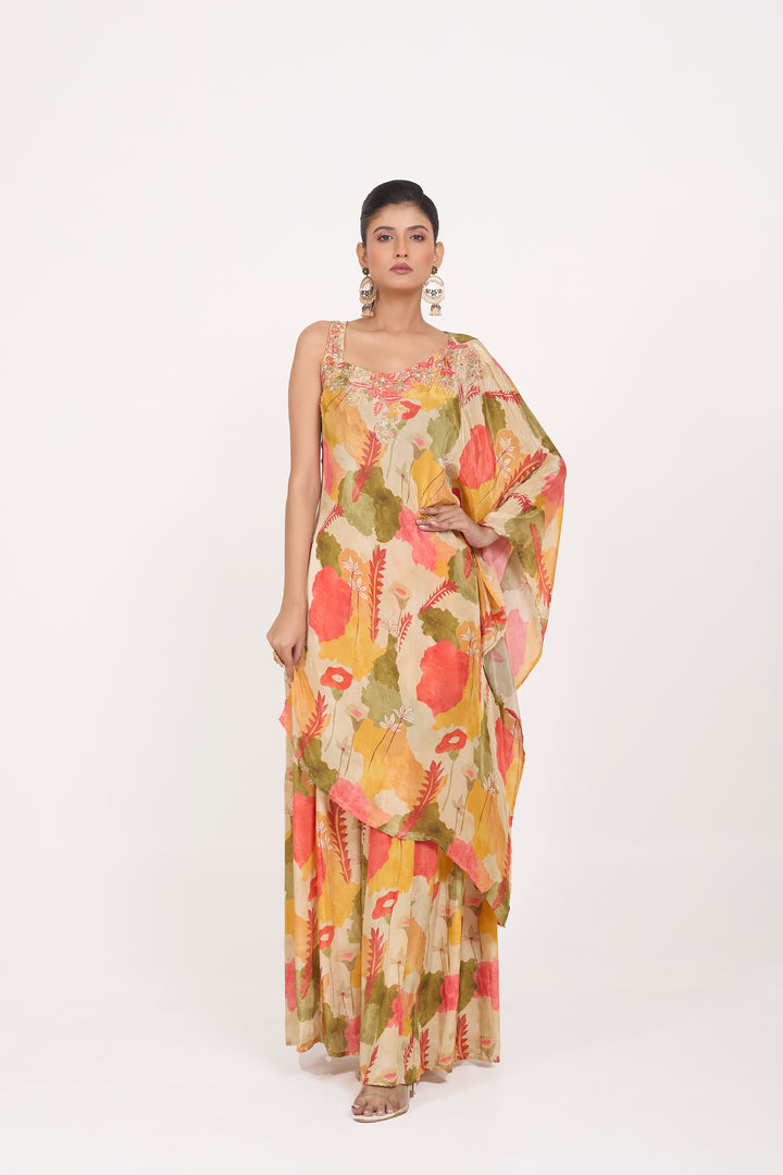 Printed Indo-Western Dress - Hand Embroidered - Set of 2 - Beige