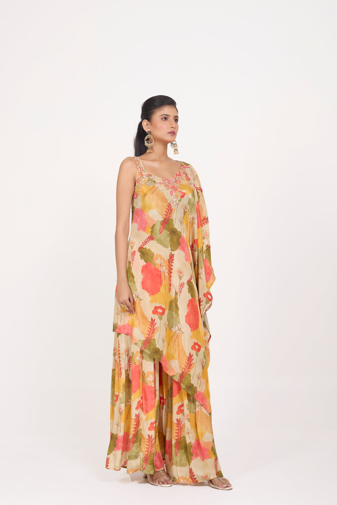 Printed Indo-Western Dress - Hand Embroidered - Set of 2 - Beige