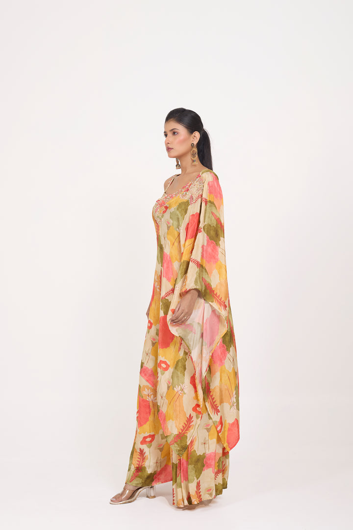 Printed Indo-Western Dress - Hand Embroidered - Set of 2 - Beige