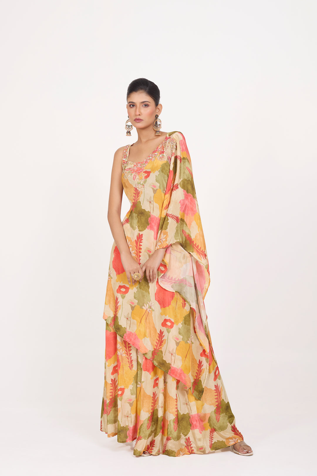 Printed Indo-Western Dress - Hand Embroidered - Set of 2 - Beige