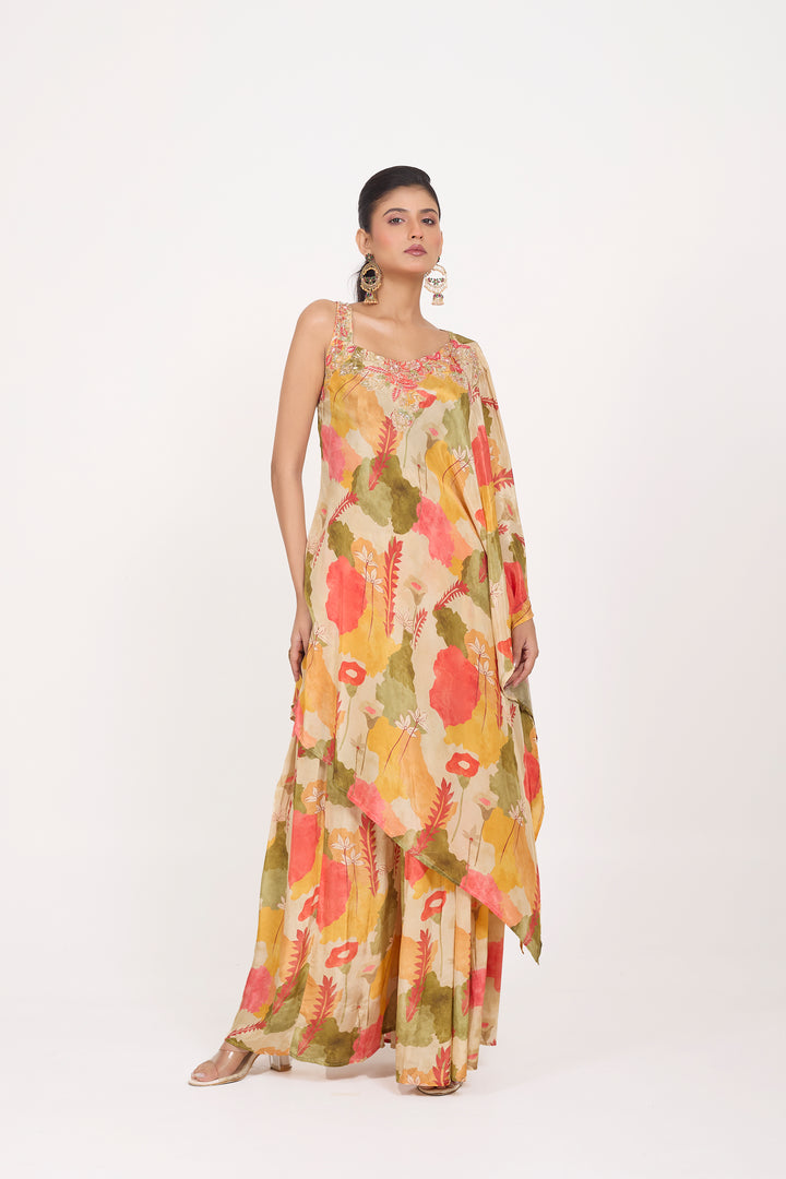 Printed Indo-Western Dress - Hand Embroidered - Set of 2 - Beige