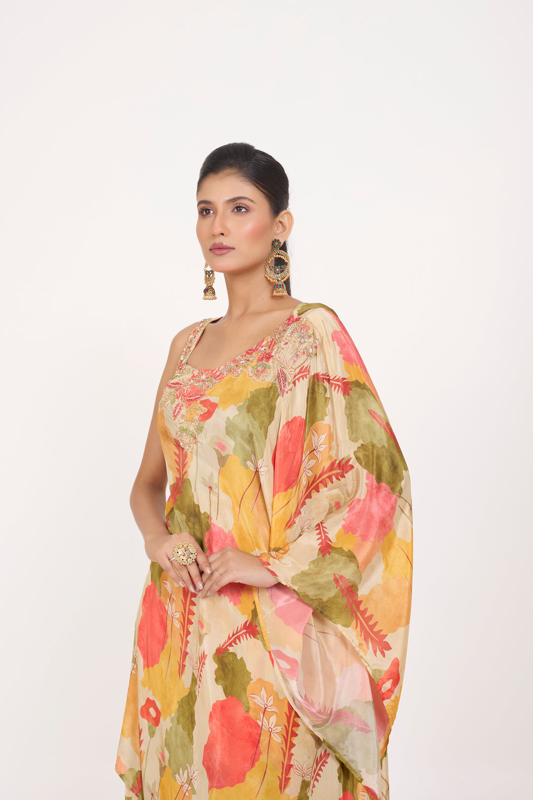 Printed Indo-Western Dress - Hand Embroidered - Set of 2 - Beige