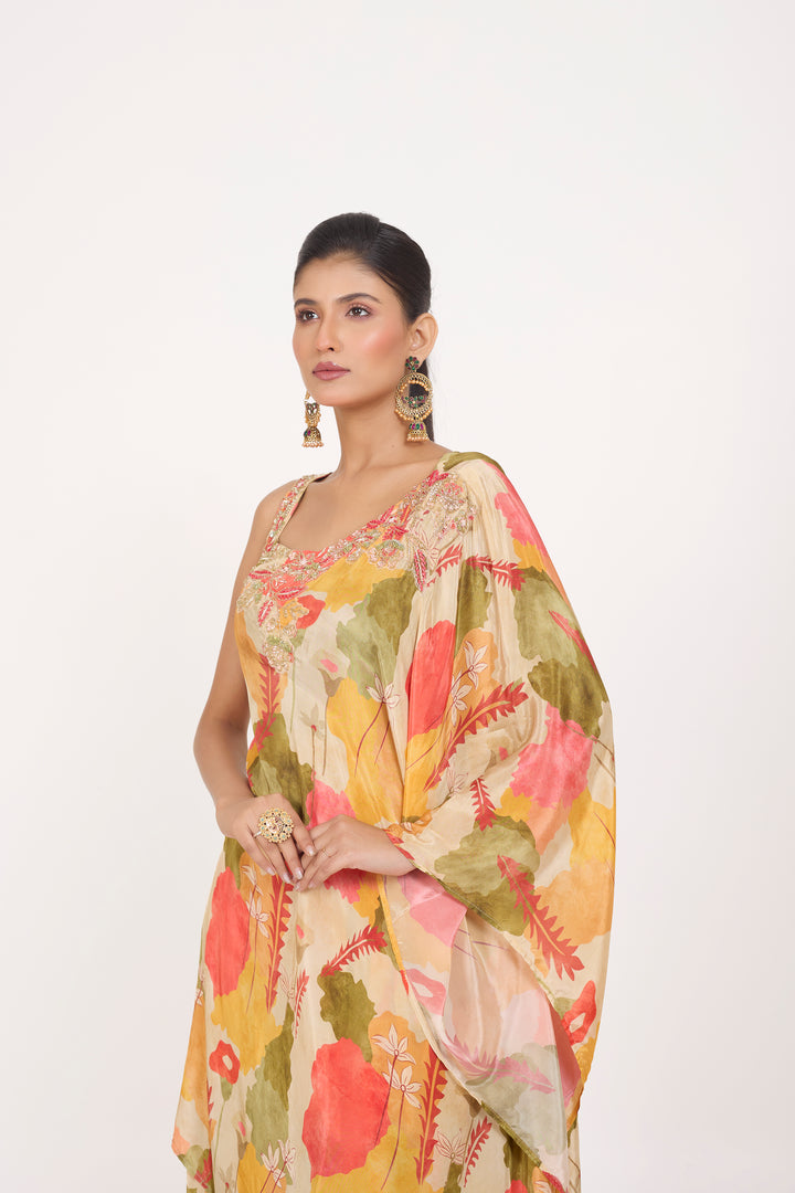 Printed Indo-Western Dress - Hand Embroidered - Set of 2 - Beige