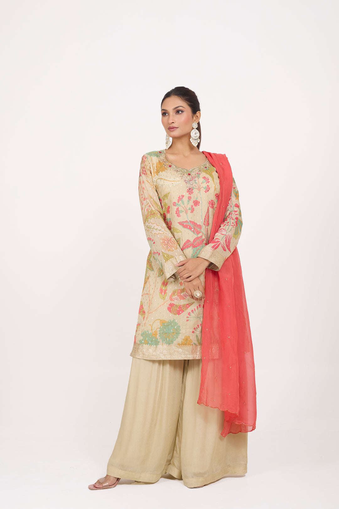Printed Banarsi Weaves - Hand Embroidered - Set of 3 - Beige