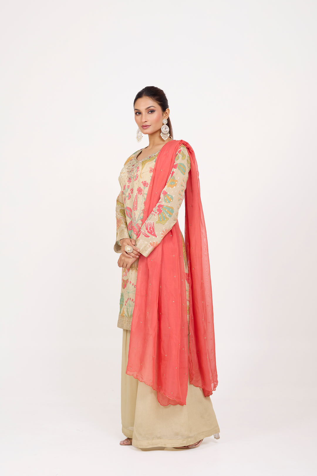 Printed Banarsi Weaves - Hand Embroidered - Set of 3 - Beige