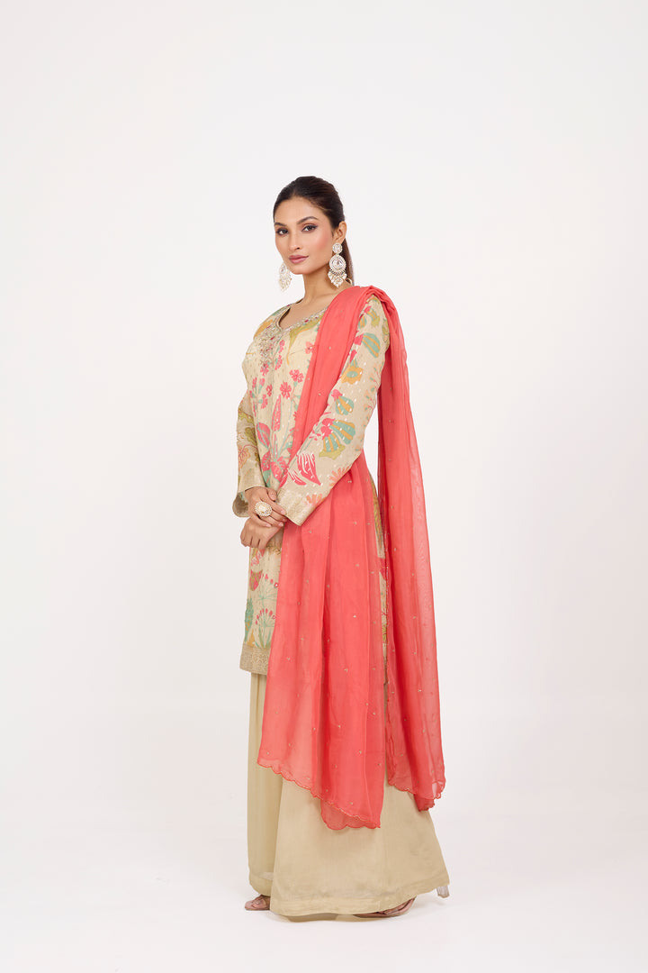 Printed Banarsi Weaves - Hand Embroidered - Set of 3 - Beige