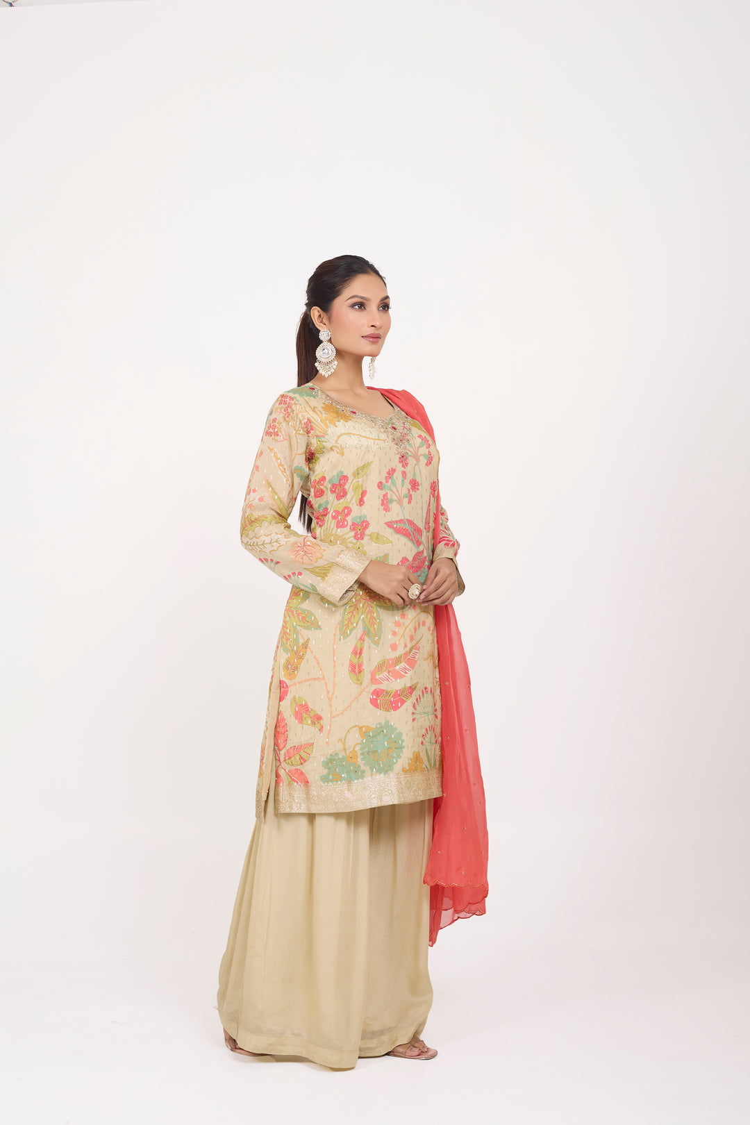 Printed Banarsi Weaves - Hand Embroidered - Set of 3 - Beige