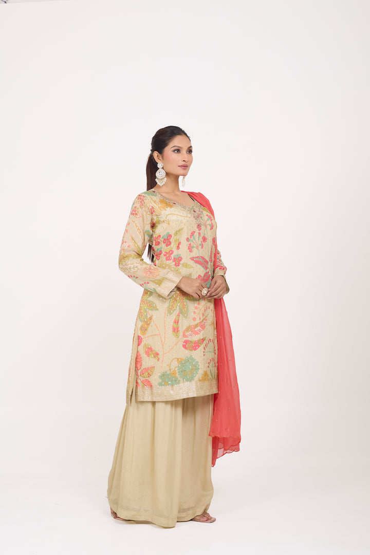 Printed Banarsi Weaves - Hand Embroidered - Set of 3 - Beige