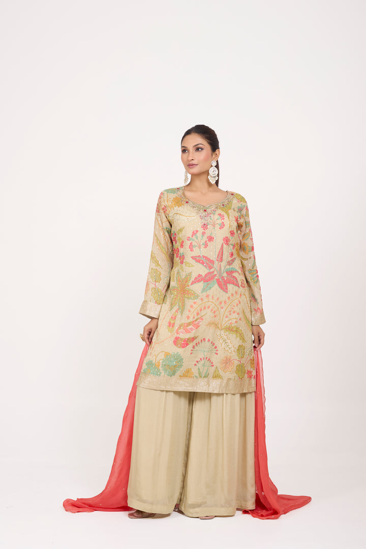 Printed Banarsi Weaves - Hand Embroidered - Set of 3 - Beige