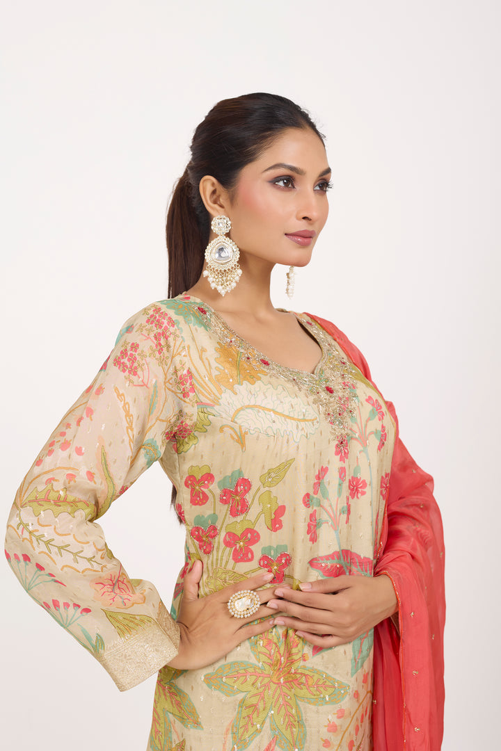 Printed Banarsi Weaves - Hand Embroidered - Set of 3 - Beige