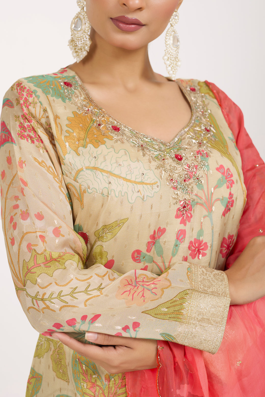 Printed Banarsi Weaves - Hand Embroidered - Set of 3 - Beige