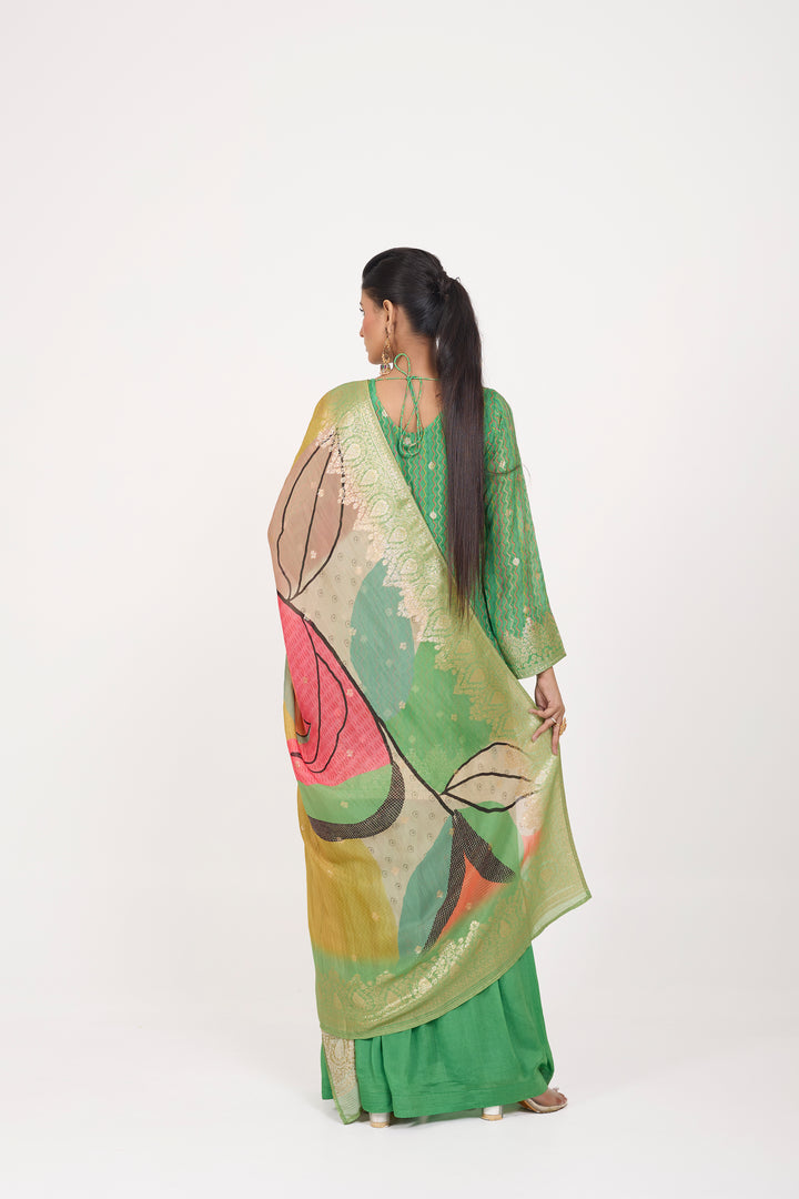 Printed Banarsi Weaves - Hand Embroidered - Set of 3 - Green