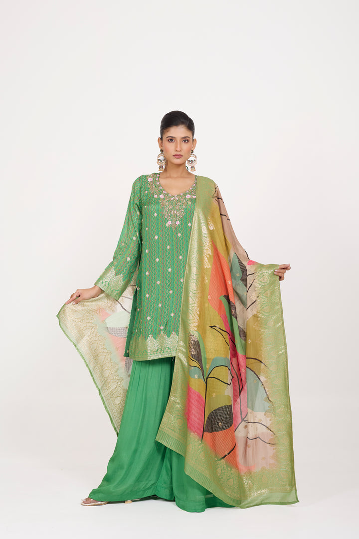 Printed Banarsi Weaves - Hand Embroidered - Set of 3 - Green