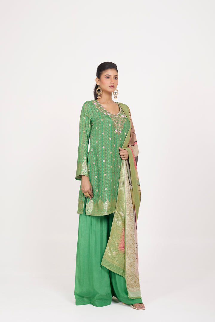 Printed Banarsi Weaves - Hand Embroidered - Set of 3 - Green