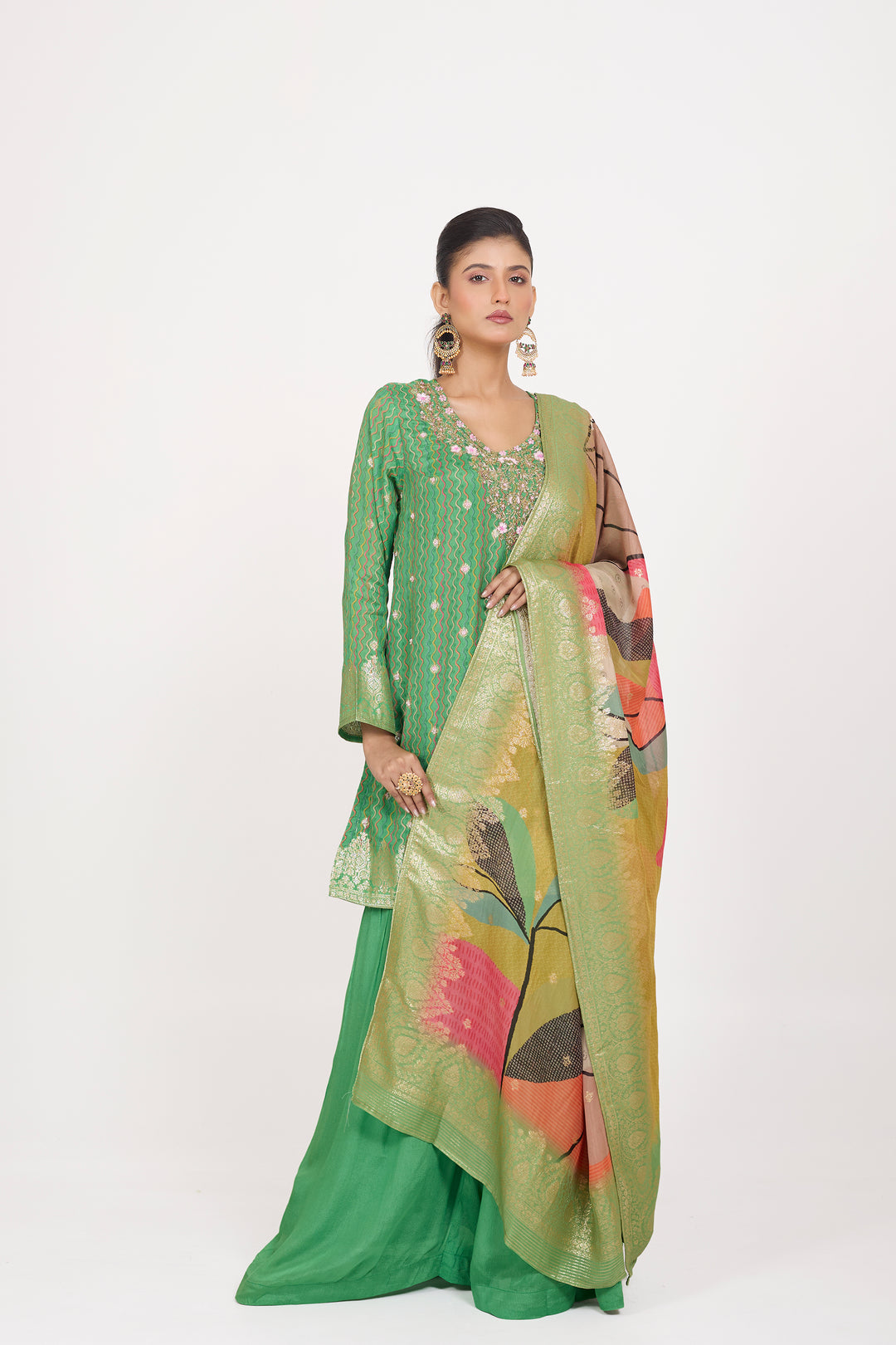 Printed Banarsi Weaves - Hand Embroidered - Set of 3 - Green