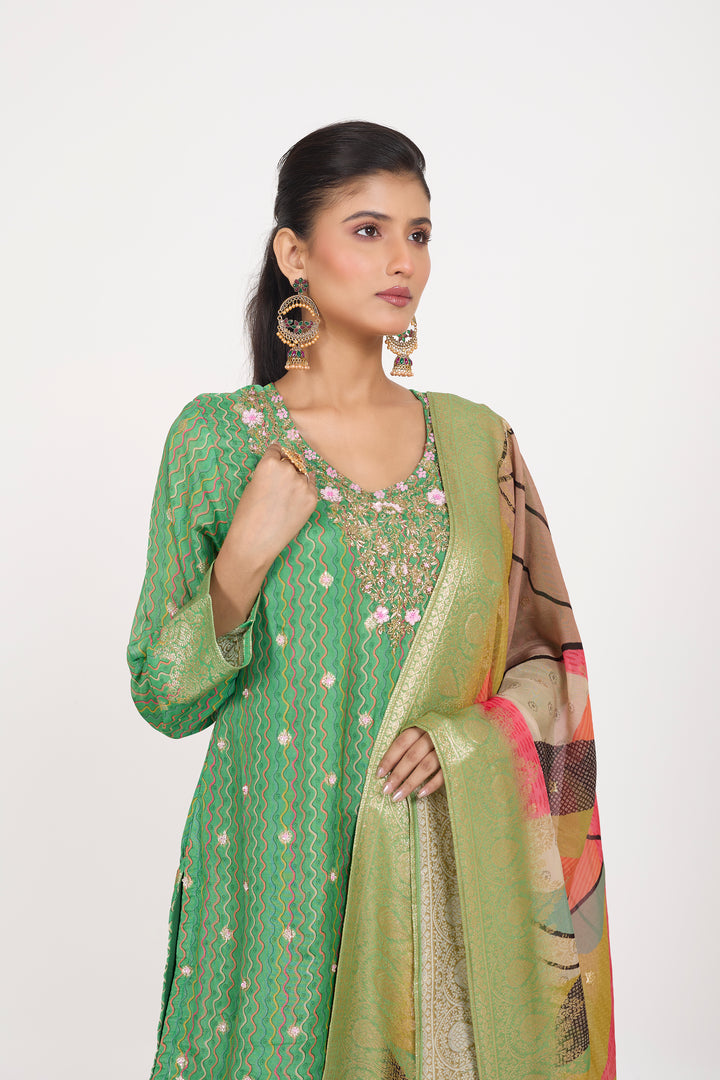 Printed Banarsi Weaves - Hand Embroidered - Set of 3 - Green