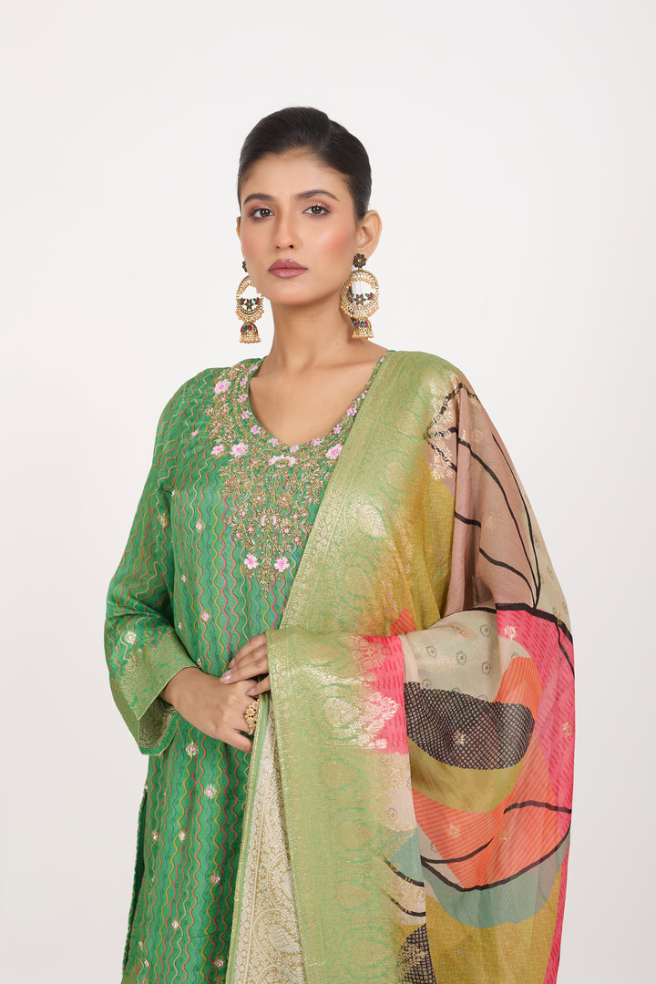 Printed Banarsi Weaves - Hand Embroidered - Set of 3 - Green