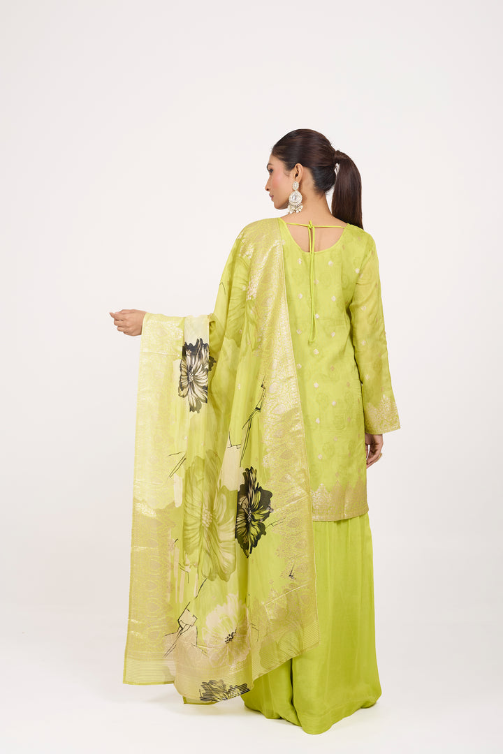 Printed Banarsi Weaves - Hand Embroidered - Set of 3 - Neon Green