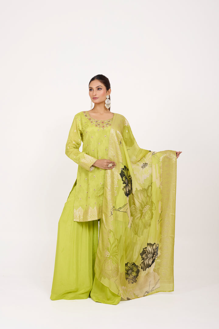 Printed Banarsi Weaves - Hand Embroidered - Set of 3 - Neon Green
