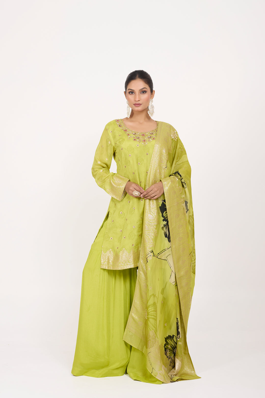 Printed Banarsi Weaves - Hand Embroidered - Set of 3 - Neon Green
