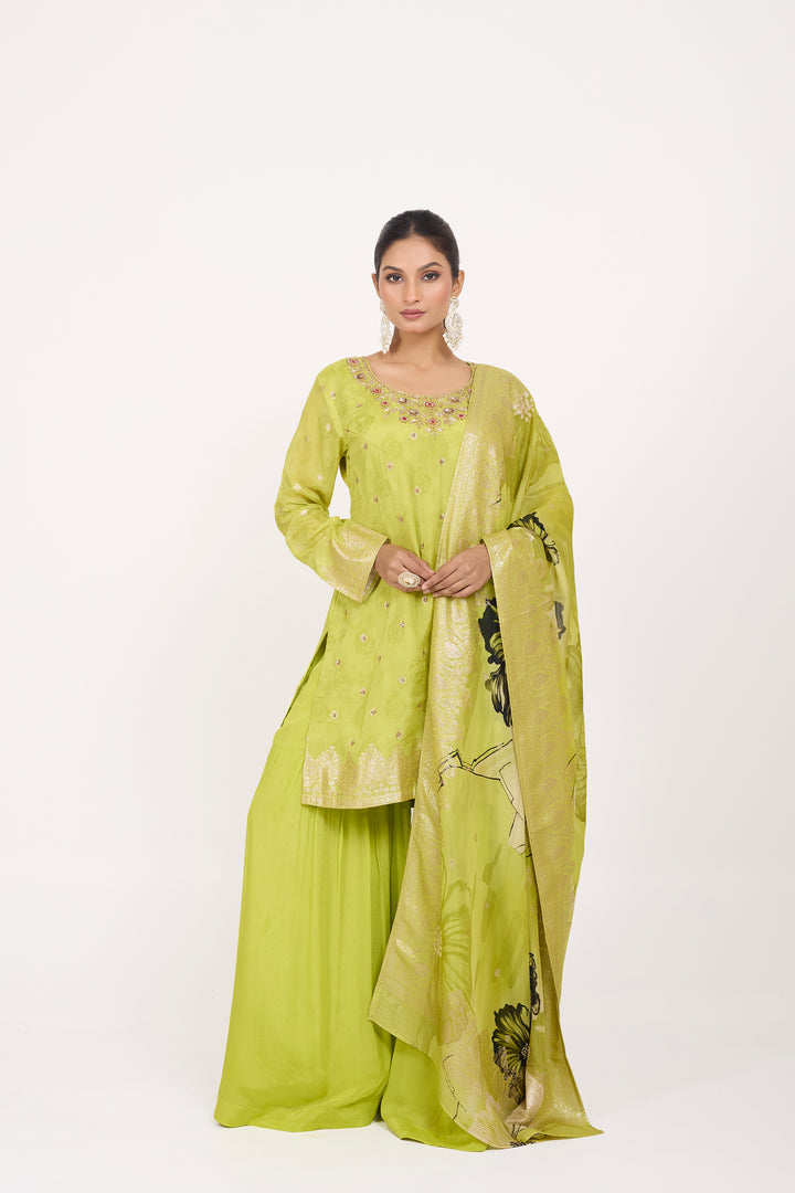 Printed Banarsi Weaves - Hand Embroidered - Set of 3 - Neon Green