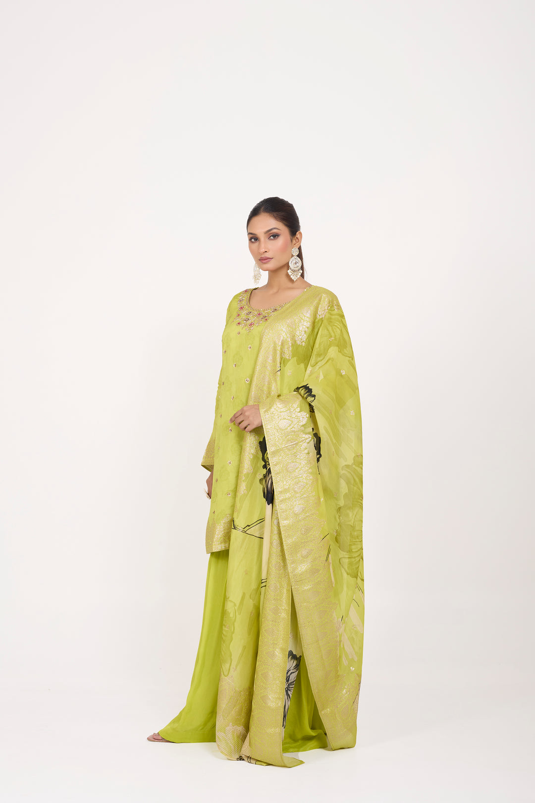 Printed Banarsi Weaves - Hand Embroidered - Set of 3 - Neon Green
