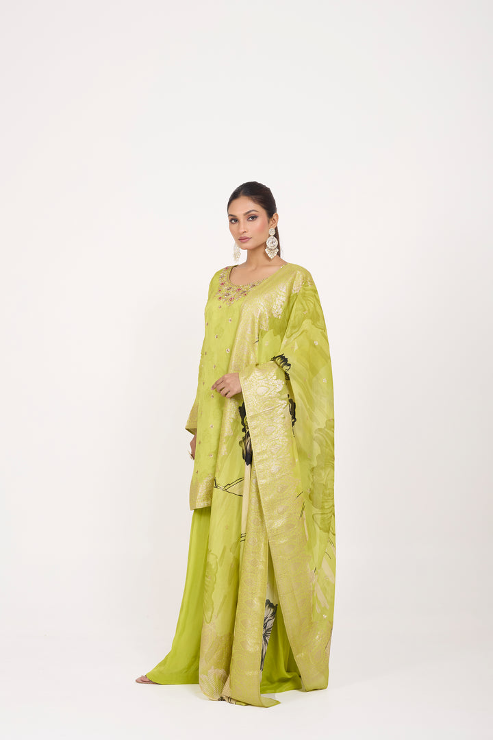 Printed Banarsi Weaves - Hand Embroidered - Set of 3 - Neon Green