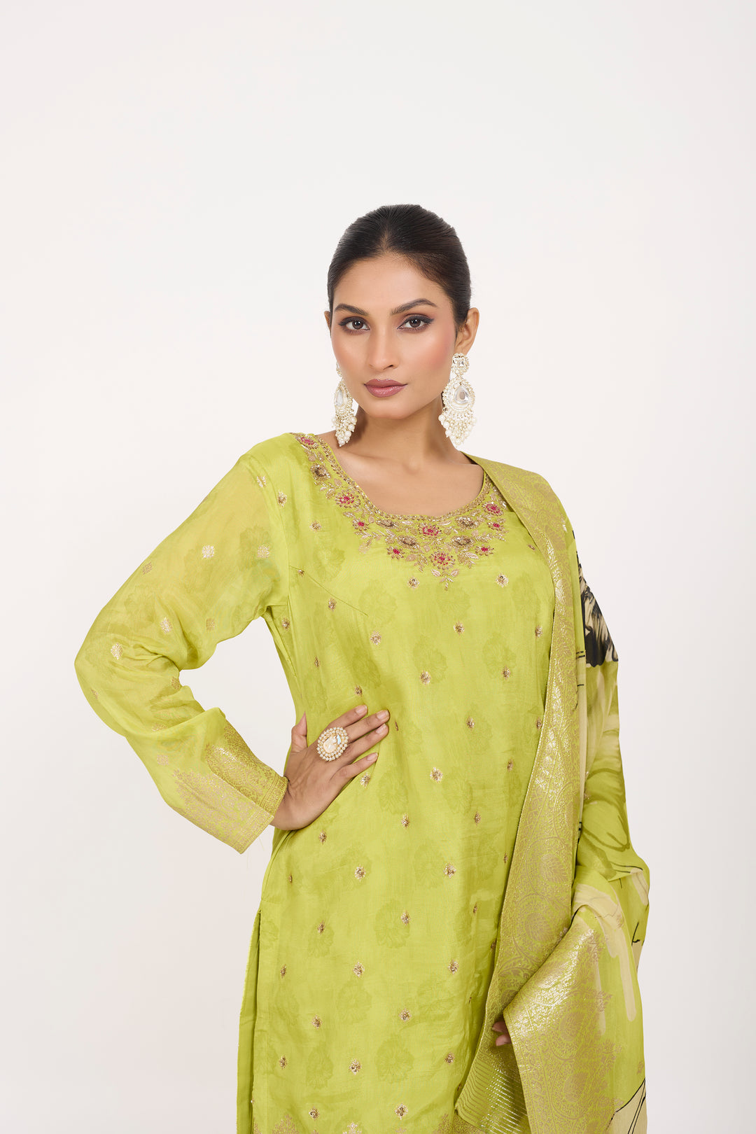 Printed Banarsi Weaves - Hand Embroidered - Set of 3 - Neon Green
