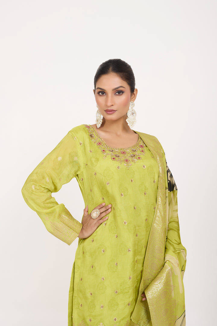 Printed Banarsi Weaves - Hand Embroidered - Set of 3 - Neon Green