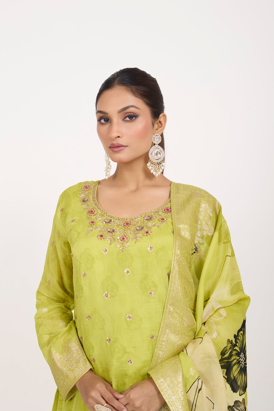 Printed Banarsi Weaves - Hand Embroidered - Set of 3 - Neon Green
