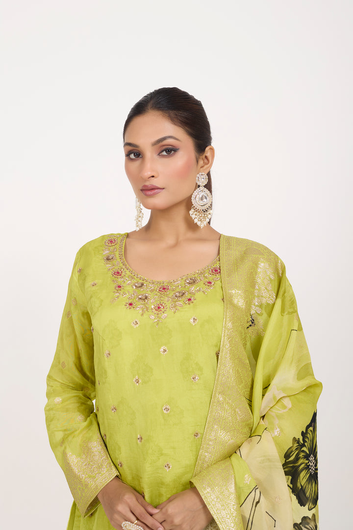 Printed Banarsi Weaves - Hand Embroidered - Set of 3 - Neon Green