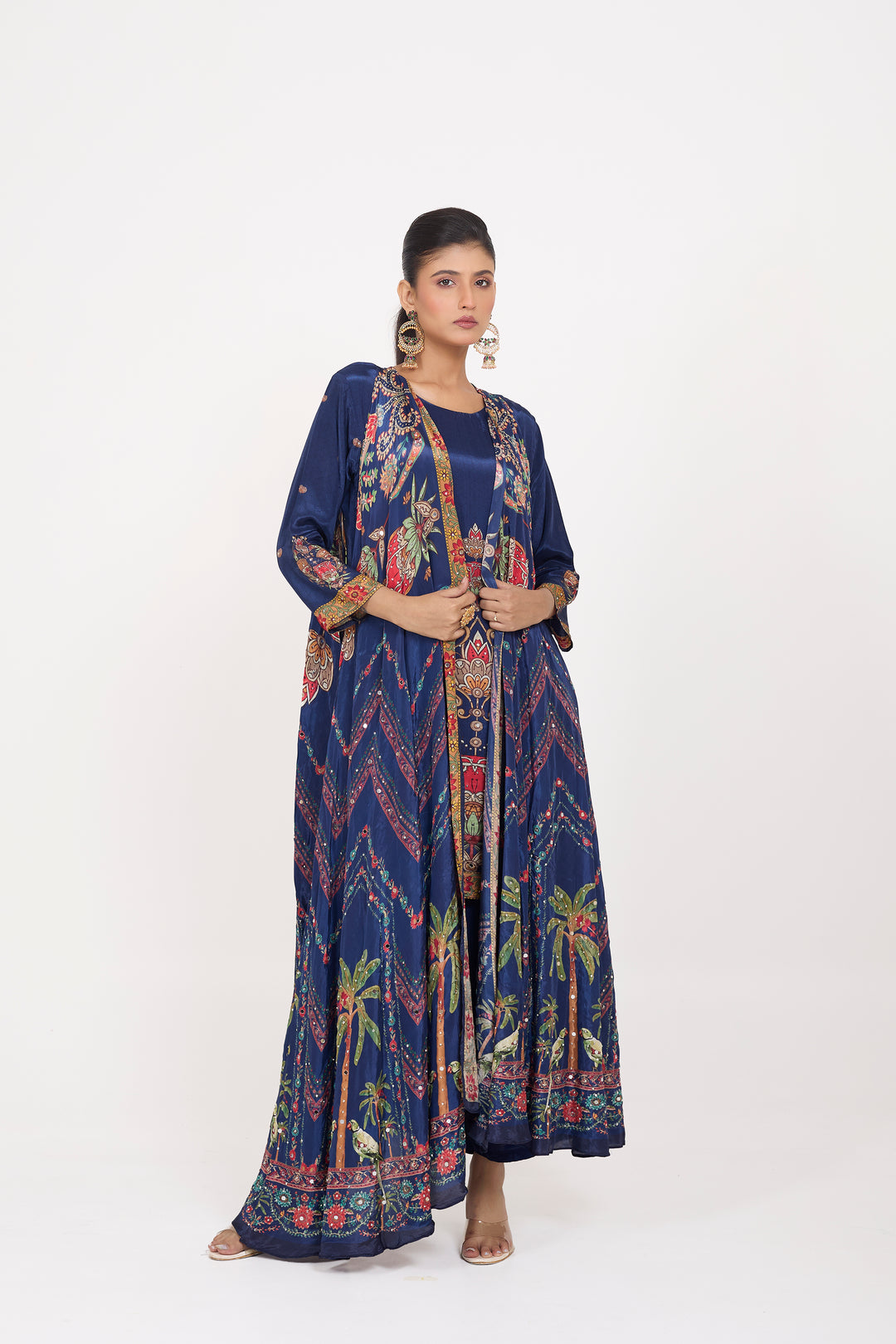 Indo-Western Printed Shrug Set - Hand Embroidered - Set of 3 - Blue