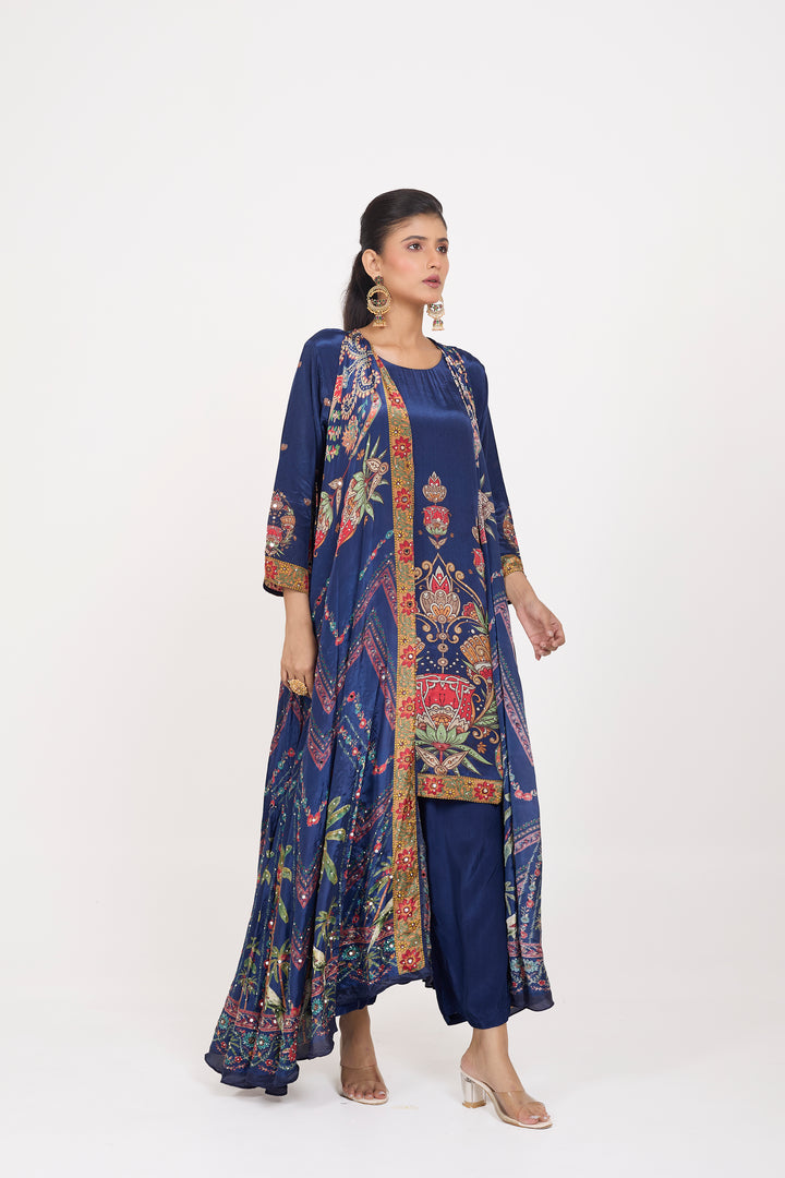 Indo-Western Printed Shrug Set - Hand Embroidered - Set of 3 - Blue