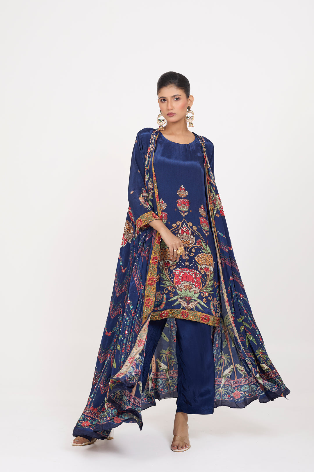 Indo-Western Printed Shrug Set - Hand Embroidered - Set of 3 - Blue