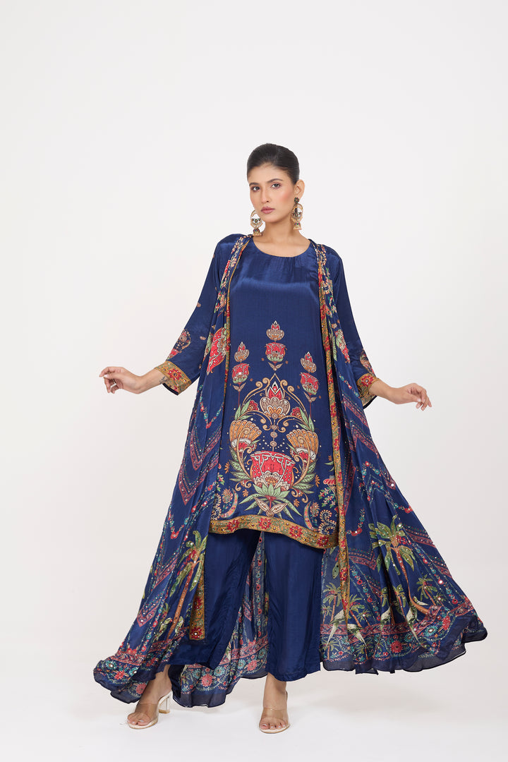 Indo-Western Printed Shrug Set - Hand Embroidered - Set of 3 - Blue