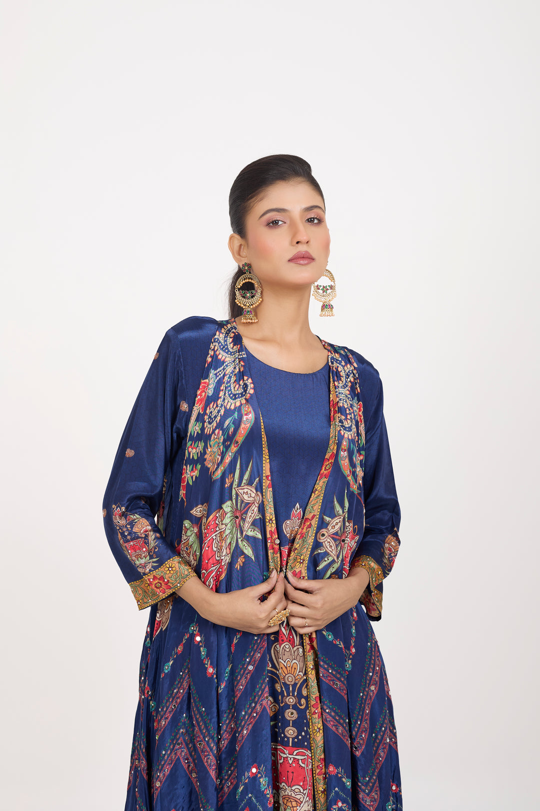 Indo-Western Printed Shrug Set - Hand Embroidered - Set of 3 - Blue