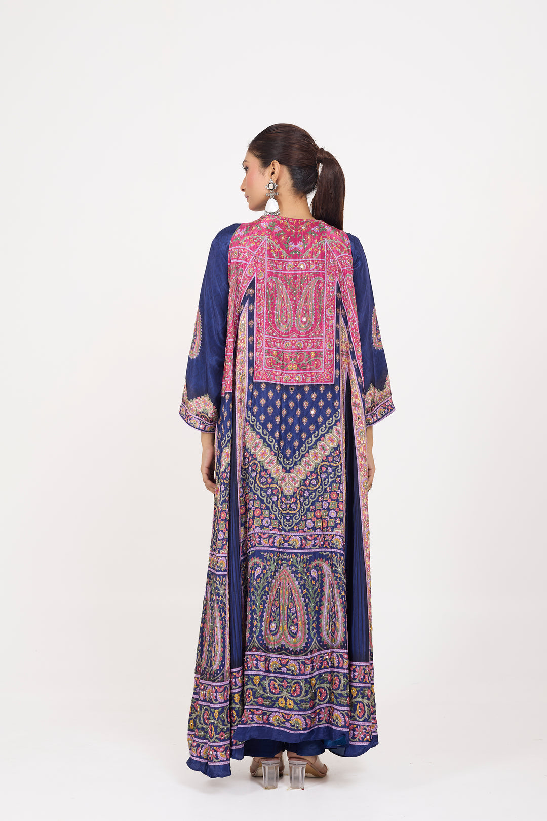 Indo-Western Printed Shrug Set - Hand Embroidered - Set of 3 - Dark Blue