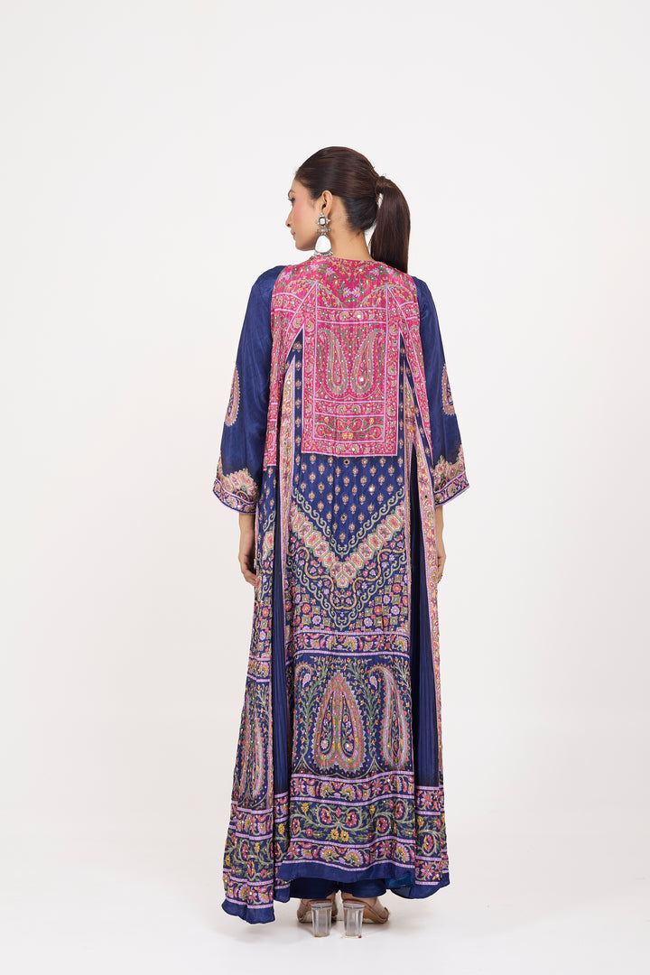 Indo-Western Printed Shrug Set - Hand Embroidered - Set of 3 - Dark Blue
