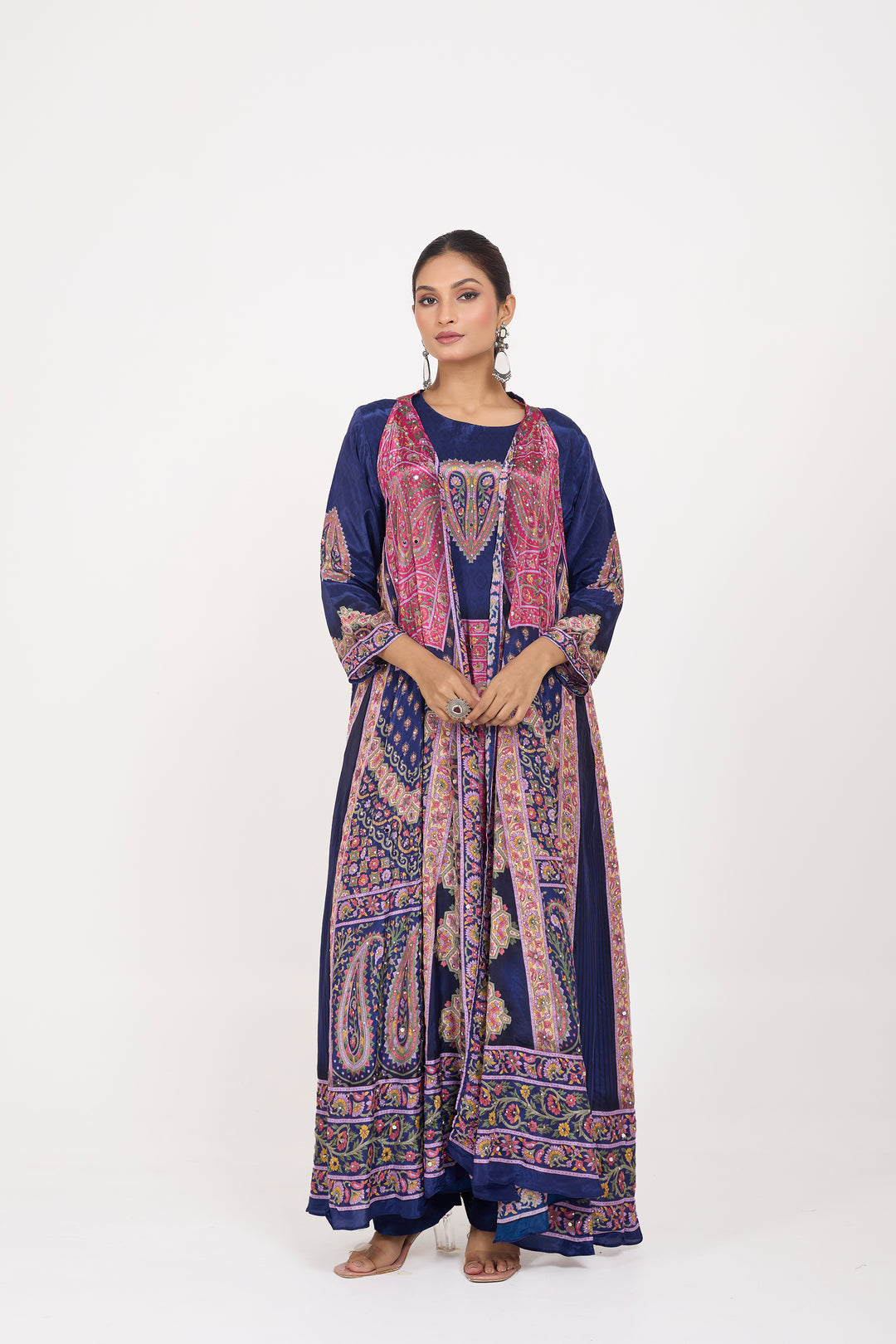Indo-Western Printed Shrug Set - Hand Embroidered - Set of 3 - Dark Blue