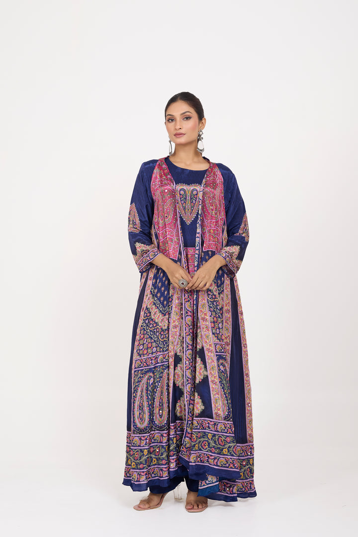 Indo-Western Printed Shrug Set - Hand Embroidered - Set of 3 - Dark Blue