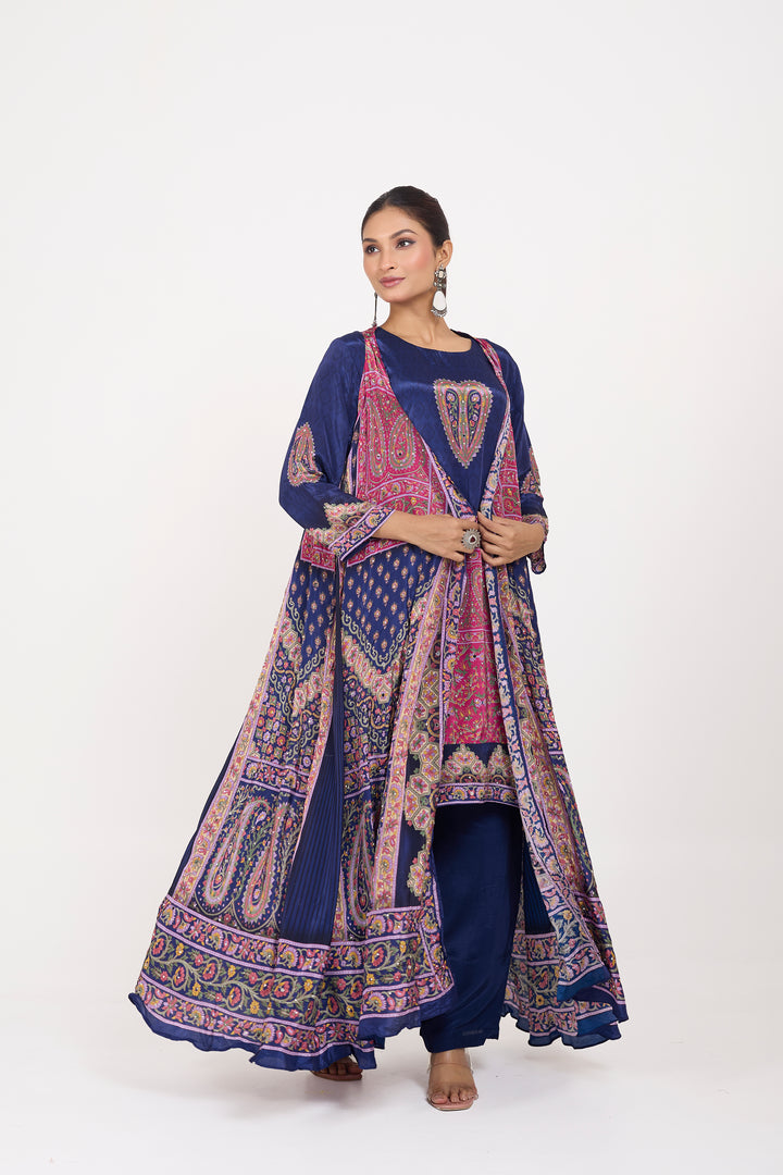 Indo-Western Printed Shrug Set - Hand Embroidered - Set of 3 - Dark Blue