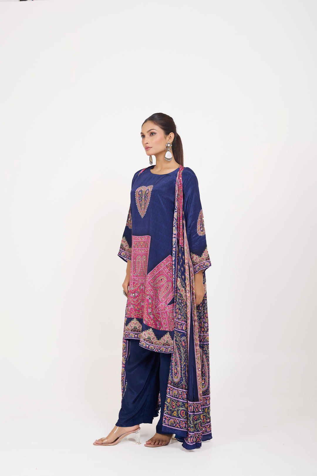 Indo-Western Printed Shrug Set - Hand Embroidered - Set of 3 - Dark Blue