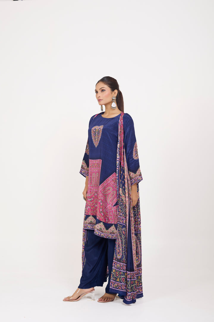 Indo-Western Printed Shrug Set - Hand Embroidered - Set of 3 - Dark Blue