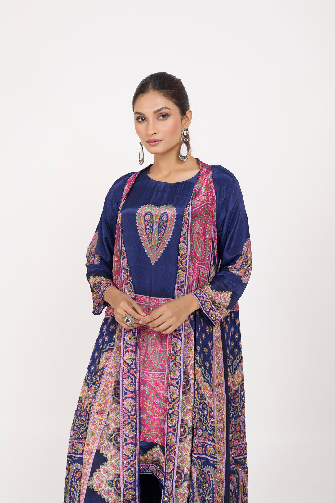 Indo-Western Printed Shrug Set - Hand Embroidered - Set of 3 - Dark Blue