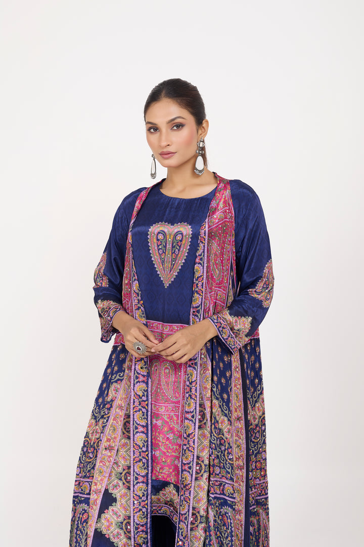 Indo-Western Printed Shrug Set - Hand Embroidered - Set of 3 - Dark Blue